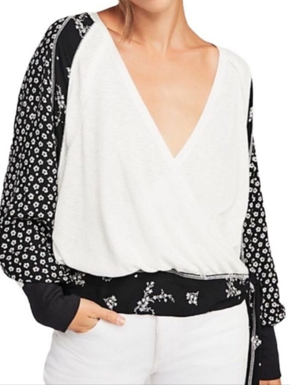 Free People Auxton Thermal Contrast Printed Boho Wrap Tie Waist Top Medium